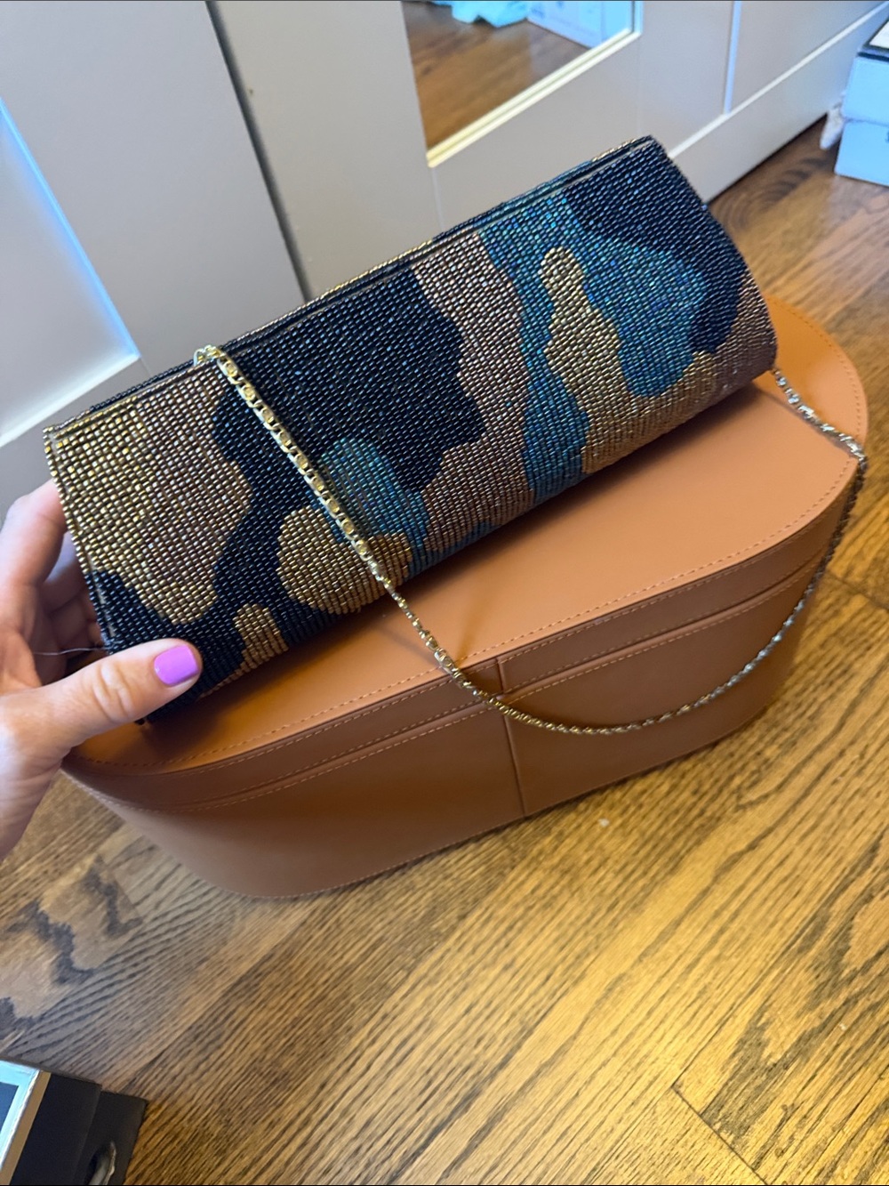 Beaded Camouflage Envelope Clutch in Green and Brown with Gold Chain